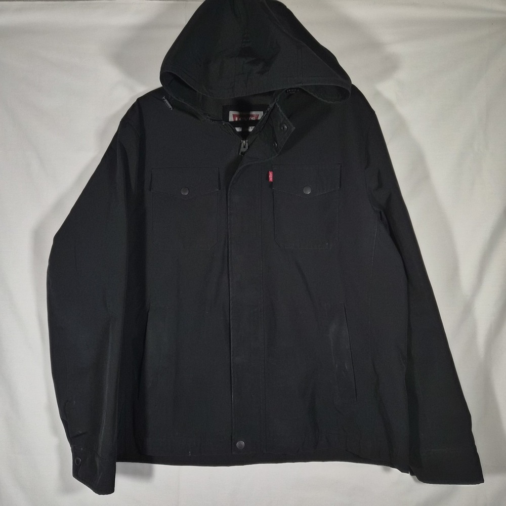 Levi's Mens Large Black Hooded Rain Jacket Lightweight Windbreaker Full Zip...